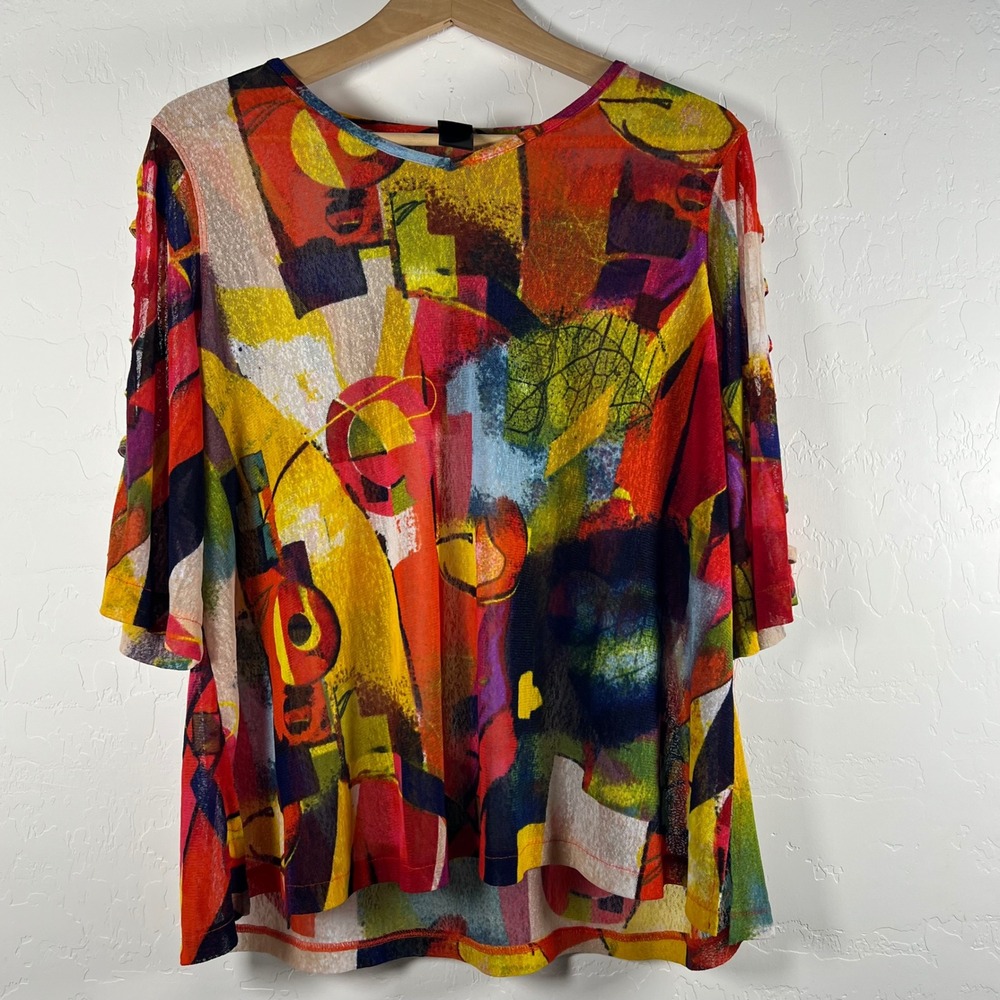 Ali Miles Women Abstract Art Print Mesh Top Multi-Color Cutout Sleeve Blouse S